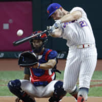 New York Mets slugger Pete Alonso competes in the Home Run Derby on Monday night in Cleveland.