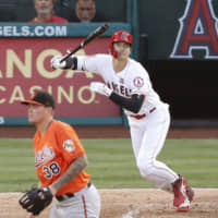Angels designated hitter Shohei Ohtani hits a game-tying home run against the Orioles on Saturday in Anaheim, California. Baltimore won 8-7.