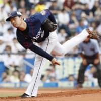 Lions hurler Keisuke Honda pitches against the Marines on Saturday at Zozo Marine Stadium. Seibu blanked Chiba Lotte 5-0.