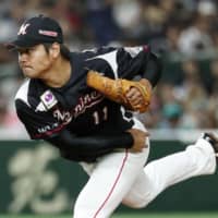 Marines hurler Chihaya Sasaki fires a pitch in Thursday's game against the Fighters at Tokyo Dome. Chiba Lotte blanked Hokkaido Nippon Ham 6-0.