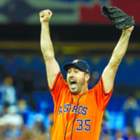 Astros pitcher Justin Verlander celebrates after the final out of his no-hitter against the Blue Jays on Sunday in Toronto.
