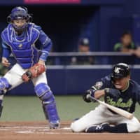 Yakult outfielder Nori Aoki falls to the ground after being hit by a pitch for the 100th time in his career. Aoki, who was taking his team's opening at-bat in the first inning at Nagoya Dome, was taken out of the game.