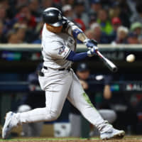 New York's Gleyber Torres doubles against Minnesota in the seventh inning of Game 3 of the ALDS on Monday night.