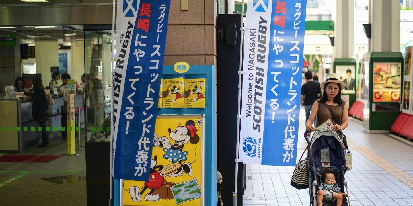 Banners welcoming the Scottish team to the city at the main railway station on September 27, 2019 in Nagasaki, Japan. (Photo by Dave Winter/Icon Sport)