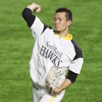 Hawks ace Kodai Senga, seen practicing on Friday, will start Game 1 of the Japan Series on Saturday at Yafuoku Dome. KYODO