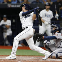 Rays shortstop Willy Adames hits a home run during the fourth inning in game four of the 2019 ALDS against the Astros at Tropicana Field on Tuesday.