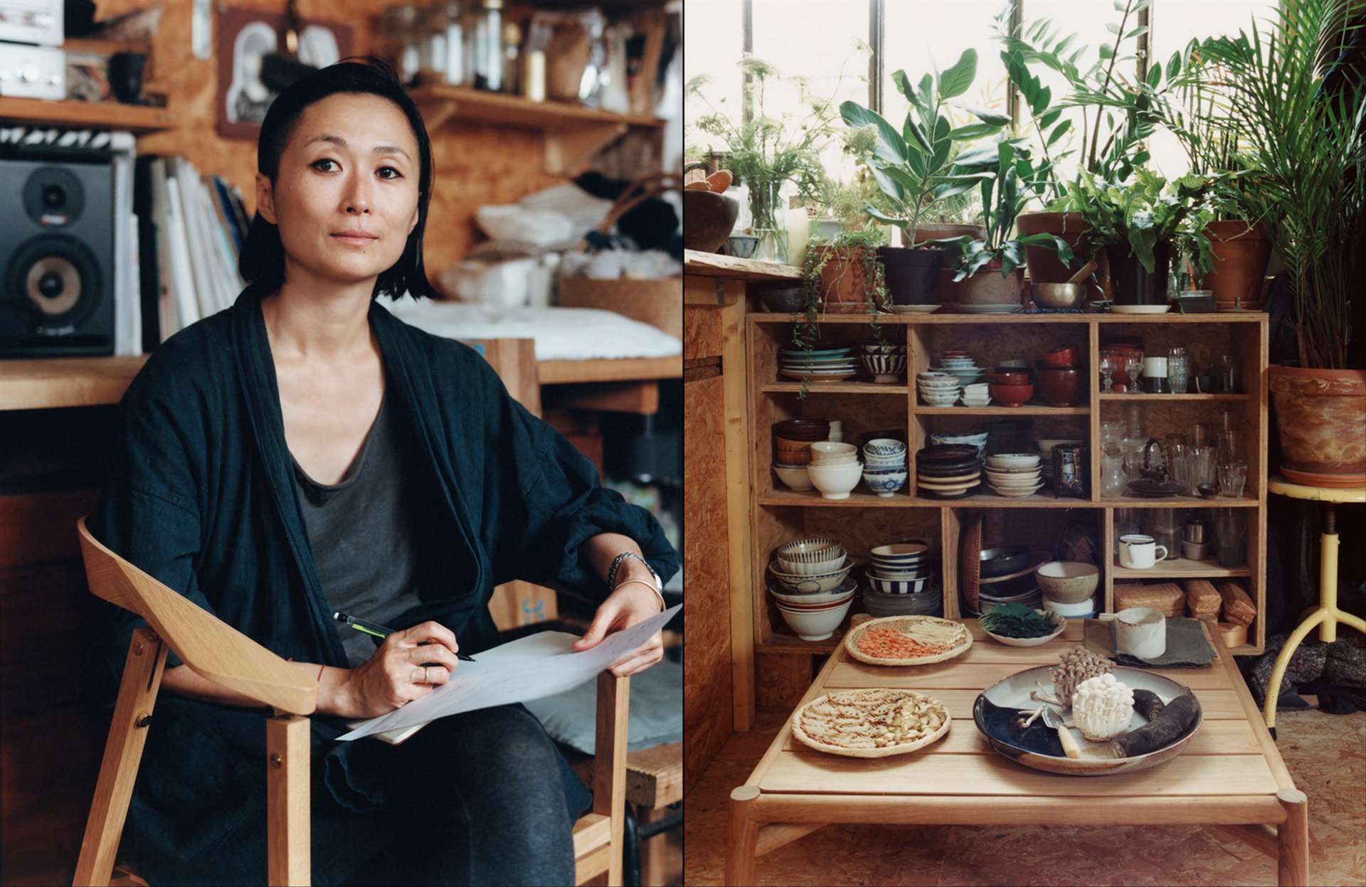 A droite : table Kilt en teck, design Marcello Ziliani, Ethimo. Sur la table, plat Gobi Reactive, en céramique vernie, The Conran Shop. Couteau avec manche en buis et lame en acier carbone, design Pallares Solsona Catalogne, La Maison de commerce. Coupelles en céramique, Jars chez Merci. Pot à bec japonais en céramique, design Nobue Ibaraki, Ailleurs Paris.