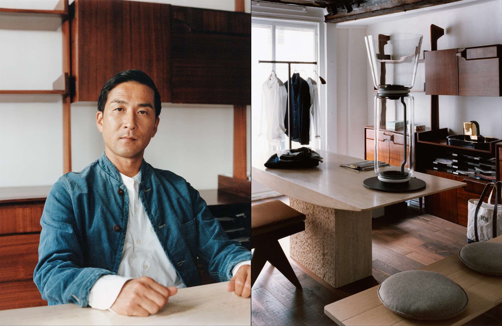 A droite : banquette Bull, finition structure en chêne brossé, coussins en laine grise, design Naoto Fukasawa, B&B Italia. Sur la table, lampe Noctambule, en acier, aluminium et verre soufflé, design Konstantin Grcic, Flos. Plateau en bois laqué bleu, théière en résine et cafetière en résine et métal, Armani Casa. Chaise 051 Capitol Complex Office Chair, structure en teck, dossier et assise en paille de Vienne, coussin en velours, Cassina.