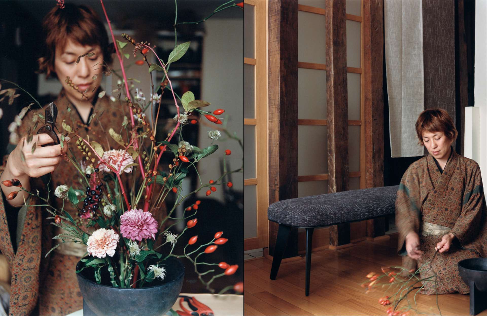 A droite : banc Jane, piètement en orme et assise en tissu, design Emmanuel Gallina, Poliform chez Silvera. Vase Osaka Dark Grey en céramique, réalisé à la main, 101 Copenhagen.