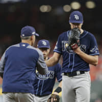 Rays starter Tyler Glasnow leaves the mound during the third inning in Game 5 of the ALDS against the Astros on Oct. 10 in Houston.