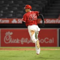 The Angels' Shohei Ohtani wears No. 42 in honor of Jackie Robinson during Friday's game against the Mariners in Anaheim, California. | USA TODAY / VIA REUTERS