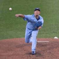 Blue Jays reliever Shun Yamaguchi pitches against the Red Sox on Wednesday in Buffalo, New York. | USA TODAY / VIA REUTERS