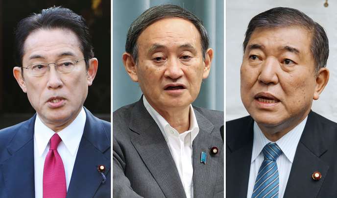 Les candidats à la succession de Shinzo Abe, de gauche à droite : Fumio Kishida, Yoshihide Suga, et Shigeru Ishiba.