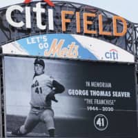 A tribute to Mets pitcher Tom Seaver, who died on Monday, is displayed on the scoreboard at Citi Field on Thursday in New York. | AP