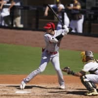 Shohei Ohtani bats against the Padres during the third inning of their game in San Diego on Sept. 23. | AP