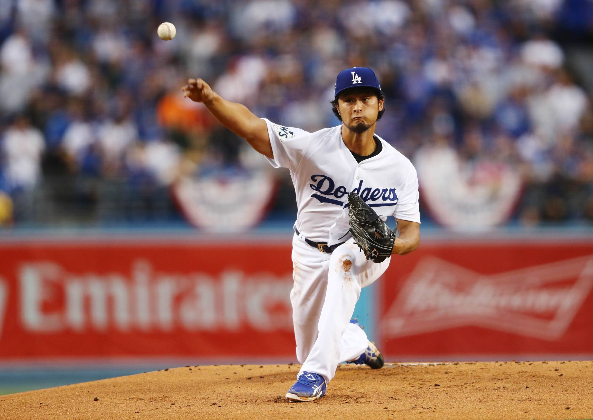 Dodgers starter Yu Darvish throws a pitch against the Astros in the first inning of Game 7 of the 2017 World Series at Dodger Stadium in Los Angeles. | POOL / VIA USA TODAY / VIA REUTERS