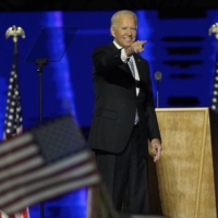 President-elect Joe Biden gestures to the crowd after speaking in Wilmington, Delaware on Saturday. | AP
