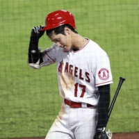 Ohtani endured a career-low stretch in August, going without a hit in 21 straight at-bats. | KYODO