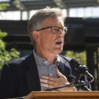 Indians president Paul Dolan speaks before a game on Aug. 5, 2017, in Cleveland. Dolan, who says the name 'is no longer acceptable in our world,' has not set a timeline for when a new name will be chosen. | AP