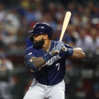 The Brewers' Eric Thames bats against the Diamondbacks in Phoenix on July 18, 2019. | USA TODAY / VIA REUTERS