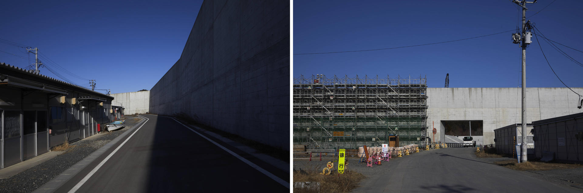 A Taro, les entrepôts en préfabriqués des pêcheurs (à gauche) sont séparés de la mer par une digue en construction de 14,7&nbsp;mètres de haut.