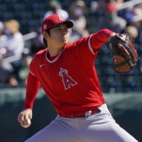 The Angels' Shohei Ohtani pitches against the A's during a spring training game in Mesa, Arizona, on Friday. | USA TODAY / VIA REUTERS