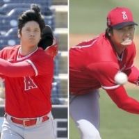 Shohei Ohtani was the Angels' leadoff hitter and starting pitcher against the Padres in Peoria, Arizona, on Sunday. | KYODO