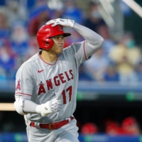Los Angeles Angels designated hitter Shohei Ohtani runs to second after hitting a three-run RBI double in the second inning against the Toronto Blue Jays on Friday in Dunedin, Florida. | USA TODAY SPORTS / VIA REUTERS