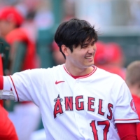 Angels designated hitter Shohei Ohtani reacts before playing against the San Francisco Giants at Angel Stadium in Anaheim, California, on June 22. | USA TODAY / VIA REUTERS