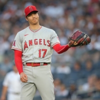 Los Angeles Angels starting pitcher Shohei Ohtani reacts during the first inning against the New York Yankees at Yankee Stadium in the Bronx, New York, on Wednesday. | USA TODAY / VIA REUTERS