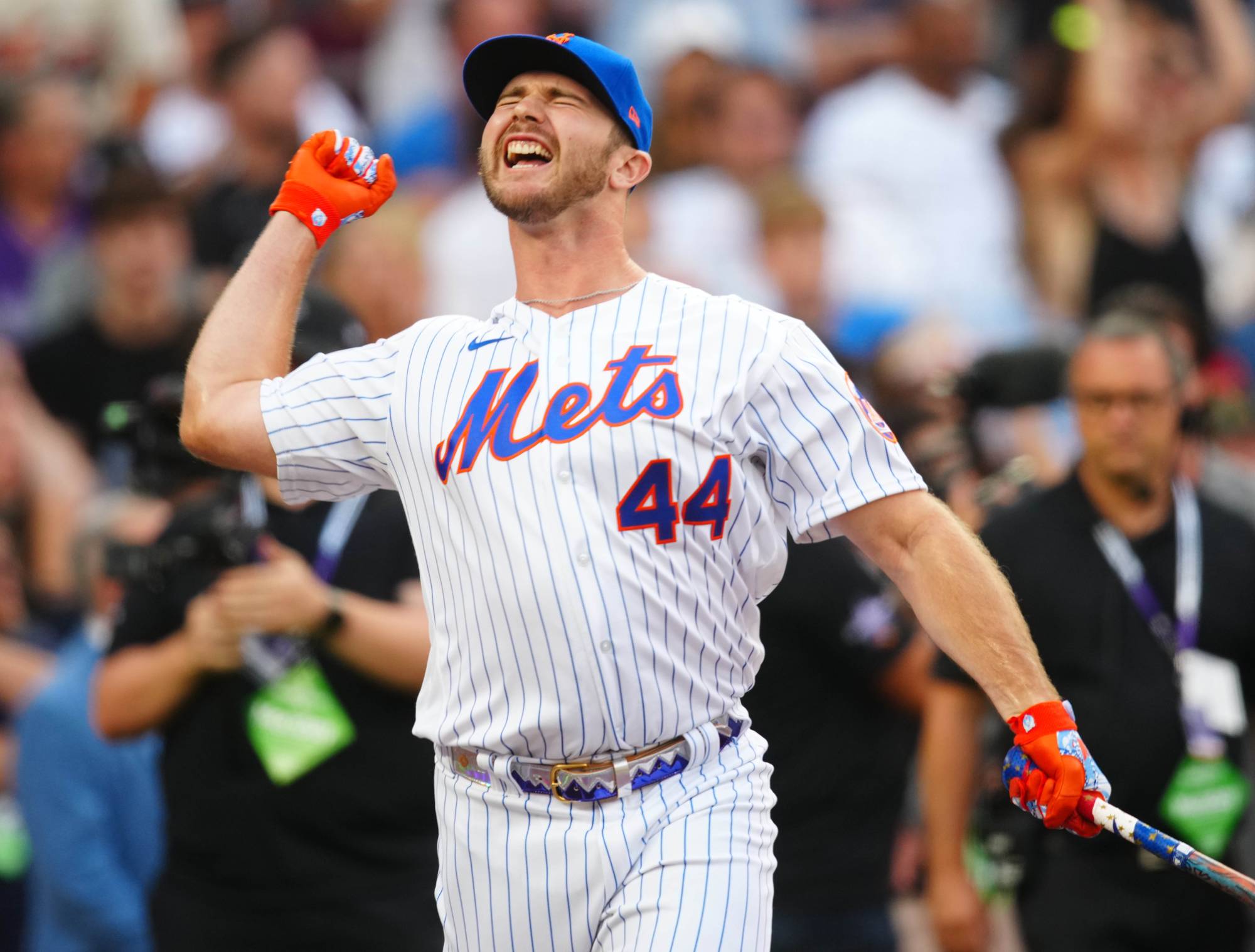 Mets first baseman Pete Alonso celebrates during the MLB Home Run Derby in Denver on Monday. Alonso repeated as champion. | USA TODAY / VIA REUTERS
