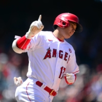 Los Angeles Angels designated hitter Shohei Ohtani reacts after hitting a solo home run against the Baltimore Orioles during the third inning at Angel Stadium in Anaheim, California, on Sunday. | USA TODAY / VIA REUTERS