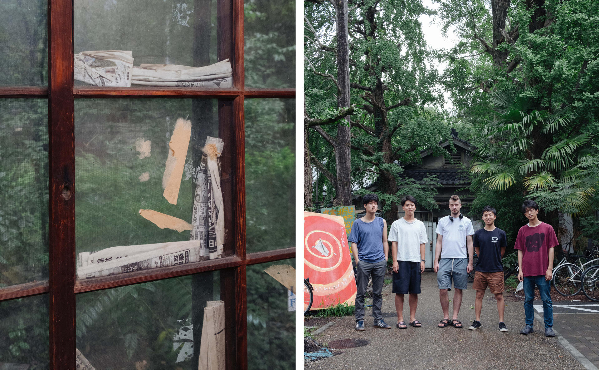 Dortoir Yoshida de l’université de Kyoto, le 11 juillet 2021. A gauche, détali de la fenêtre de la salle commune; à droite, Sho Sasaki, Ryosuke Hanzawa et leurs amis devant l’entrée principale du dortoir.