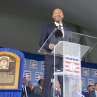 Derek Jeter gives his acceptance speech during the Baseball Hall of Fame induction ceremony in Cooperstown, New York, on Wednesday. | USA TODAY / VIA REUTERS