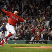 Red Sox catcher Christian Vazquez celebrates after hitting a walk-off, two-run home run against the Rays during Game 3 of the ALDS in Boston on Sunday. | USA TODAY / VIA REUTERS