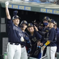 Buffaloes outfielder Yutaro Sugimoto celebrates after a two-run home run in Game 3 of the Japan Series at Tokyo Dome on Nov. 23. | KYODO