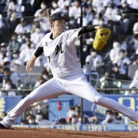 Marines pitcher Roki Sasaki recorded 10 strikeouts in six innings against the Eagles at Chiba's Zozo Marine Stadium on Saturday. | KYODO