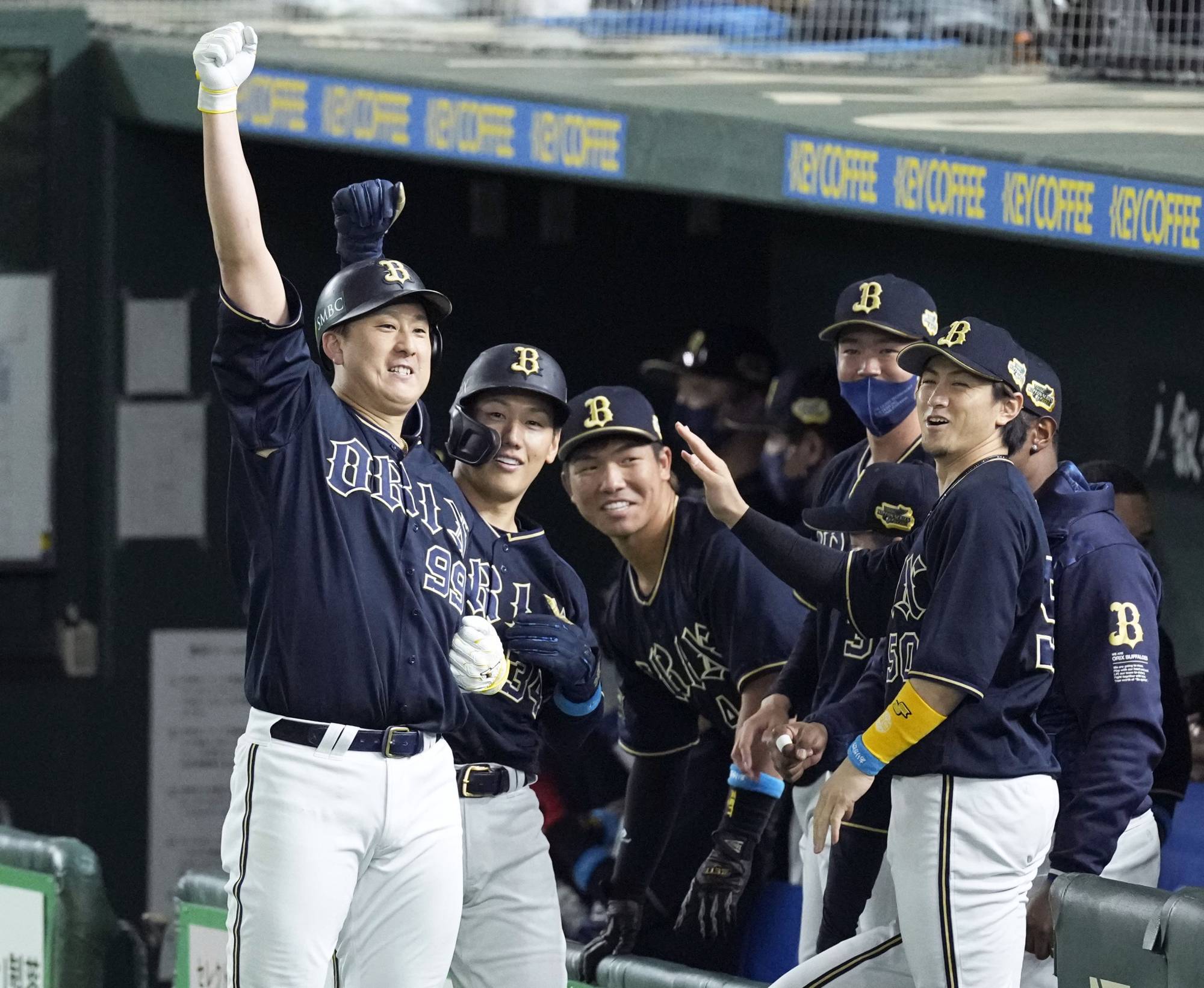 Buffaloes outfielder Yutaro Sugimoto celebrates after a two-run home run in Game 3 of the Japan Series at Tokyo Dome on Nov. 23. | KYODO