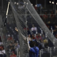 A Nationals staff members attempts to retrieve Trea Turner's bat after it was caught in protective netting during a game in Washington on May 21. | USA TODAY / VIA REUTERS