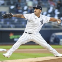 Yankees starter Nestor Cortes pitches against the Blue Jays during the first inning at Yankee Stadium in New York on April 12. | USA TODAY / VIA REUTERS