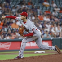 Los Angeles Angels' starting pitcher Shohei Ohtani pitches against the Houston Astros at Minute Maid Park, in Houston, on Wednesday. | USA TODAY / VIA REUTERS