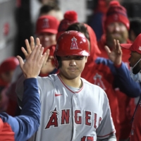 Los Angeles Angels designated hitter Shohei Ohtani celebrates after scoring a run in the eight inning against the Chicago White Sox. | USA TODAY / VIA REUTERS