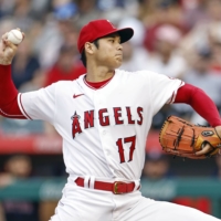 Angels starter Shohei Ohtani pitches against the Red Sox in Anaheim, California, on Thursday. | KYODO