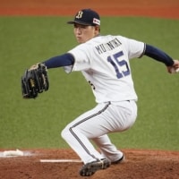 The Buffaloes' Ren Mukunoki pitches against the Fighters during the ninth inning at Osaka Dome on Wednesday. | KYODO