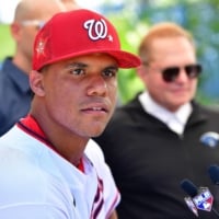 Nationals right fielder Juan Soto speaks during a media availability at Dodger Stadium in Los Angeles on Monday. | USA TODAY / VIA REUTERS