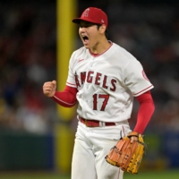 Shohei Ohtani reacts after ending the sixth inning with a strikeout against the Astros in Anaheim, California, on Wednesday. | USA TODAY / VIA REUTERS
