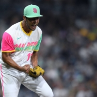San Diego Padres starting pitcher Yu Darvish celebrates after recording a strikeout in the seventh inning against the Arizona Diamondbacks on Friday. | USA TODAY / VIA REUTERS
