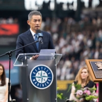 Former Mariner Ichiro Suzuki speaks during his induction into the team's hall of fame in Seattle on Saturday. | USA TODAY / VIA REUTERS