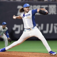 Fighters starter Cody Ponce pitches a no-hitter against the Hawks in Sapporo on Saturday. | KYODO