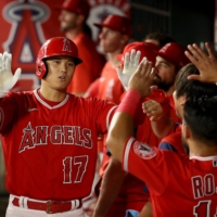Angels designated hitter Shohei Ohtani is greeted in the dugout after hitting a home run against the Twins in Anaheim, California, on Saturday. | USA TODAY / VIA REUTERS